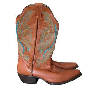 J.B. Dillon Turquoise Embroidered Brown GOAT Skin Cowboy Boots size 8